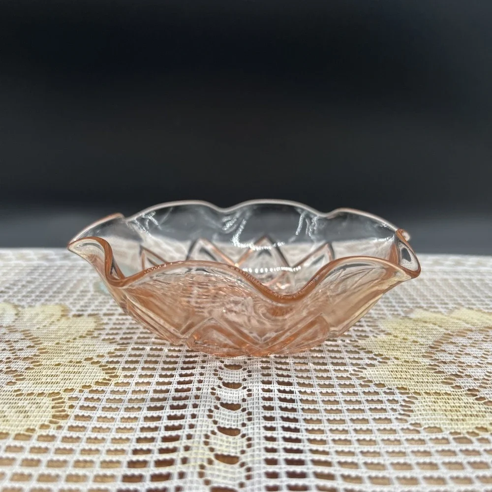 VTG Pink 5 Inch Glass Bowl. Hand Cut Base With Smooth Fluted Edges. Mint.